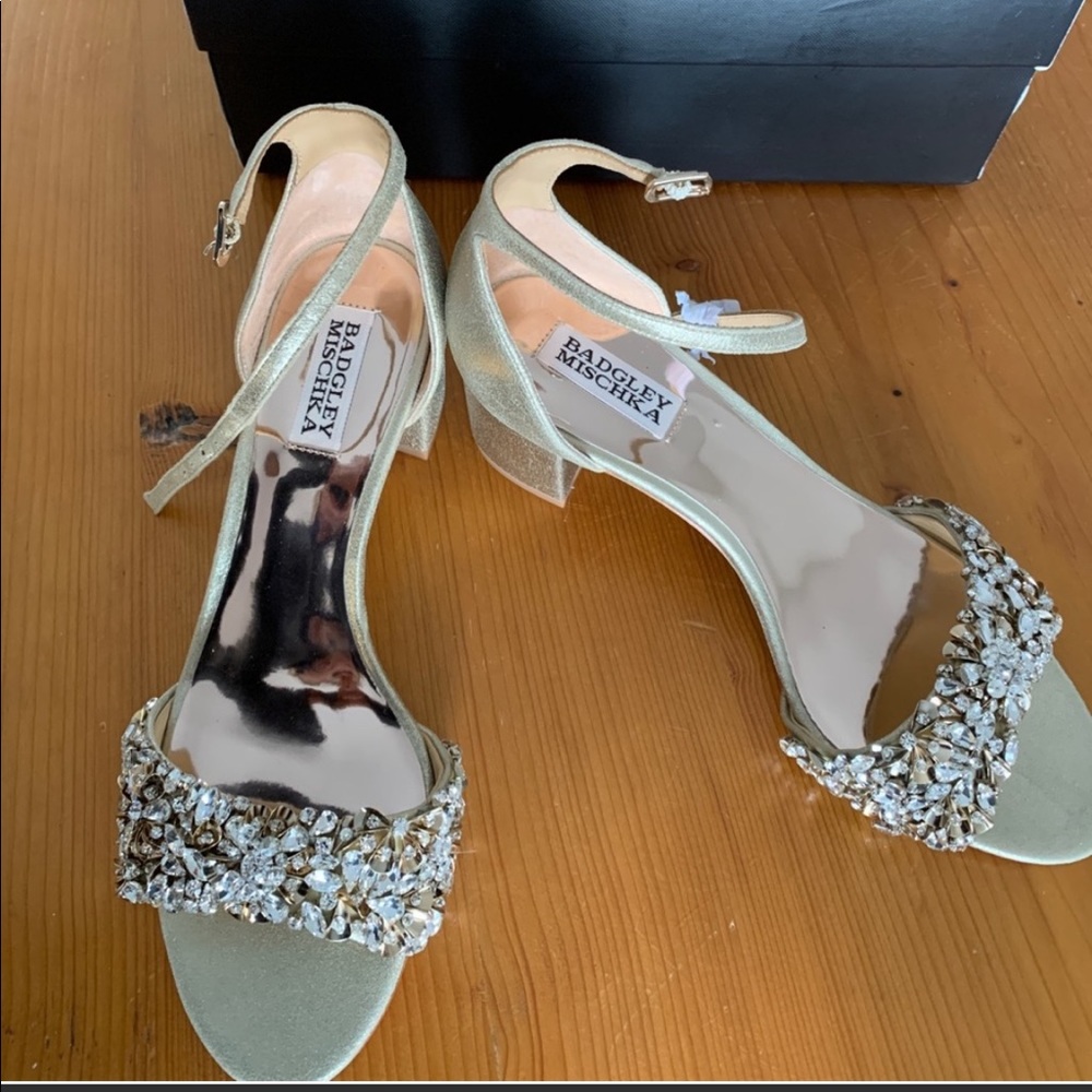 Badgley Mischka gold, low block heel size 7.5
